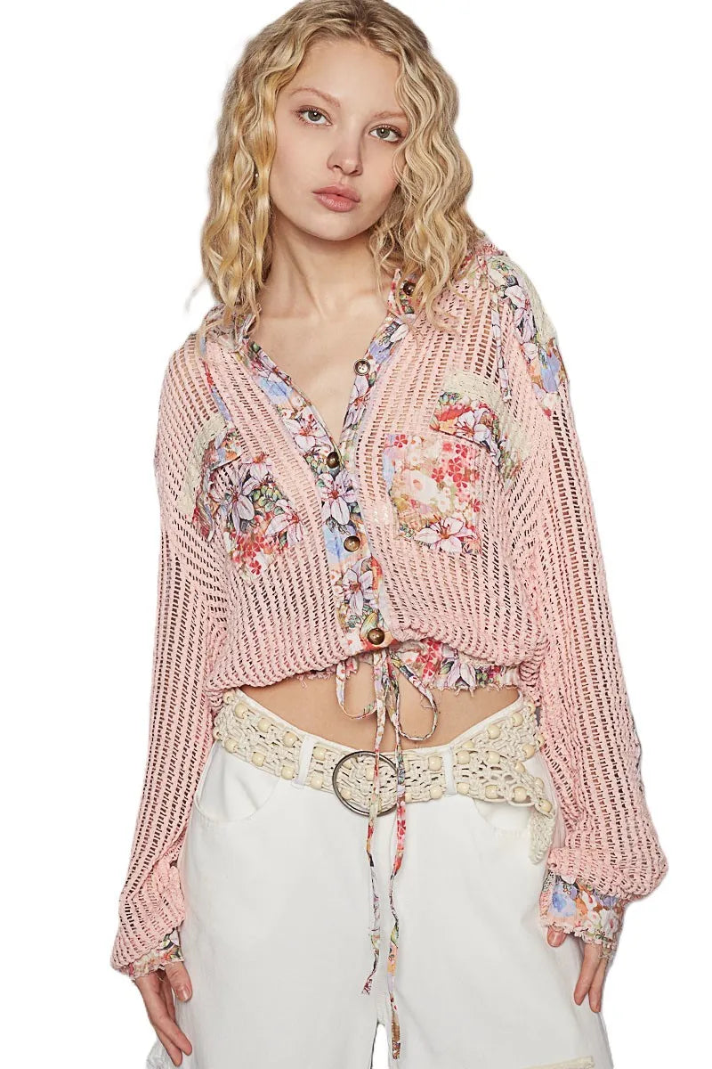POL Vintage Washed Crochet Hoodie Jacket With Patchwork PEACH MULTI