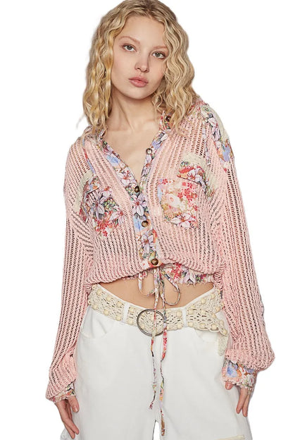 POL Vintage Washed Crochet Hoodie Jacket With Patchwork PEACH MULTI