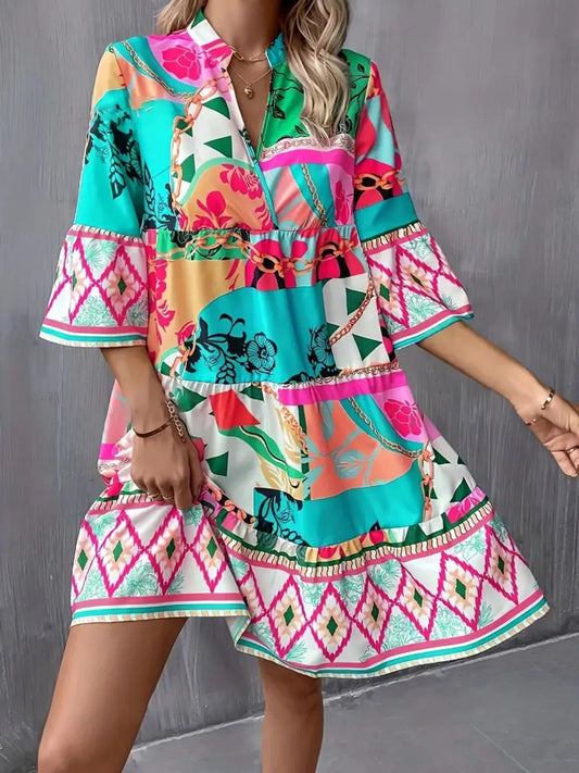 Printed Notched 3/4 Sleeve Tiered Dress Pastel Blue
