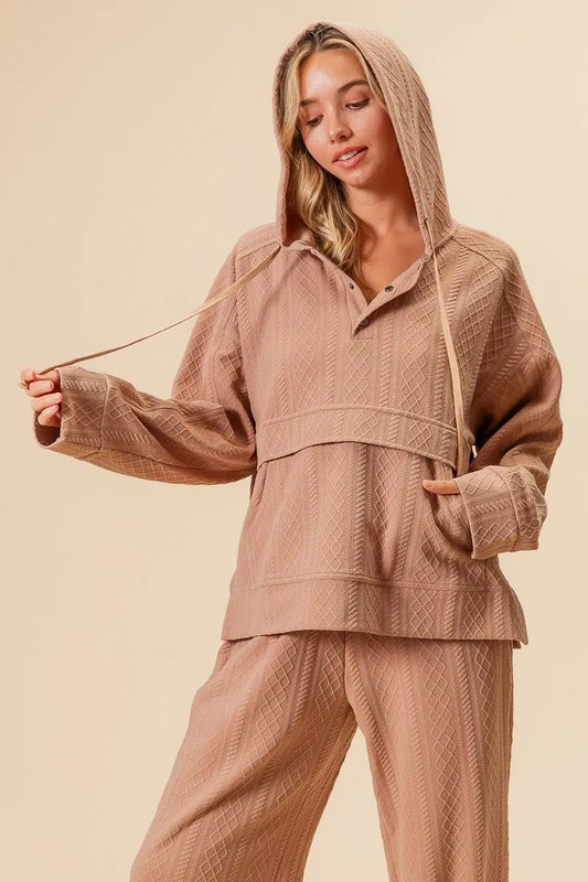BiBi Textured Knit Buttoned Hoodie Top TAUPE