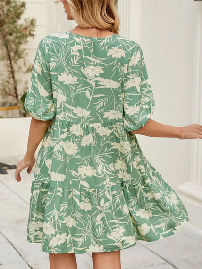 Printed V-Neck Ruffle Hem Mini Dress