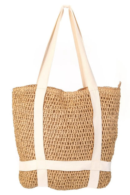 Fame Straw Braided Hat Carrier Tote Bag Camel one size