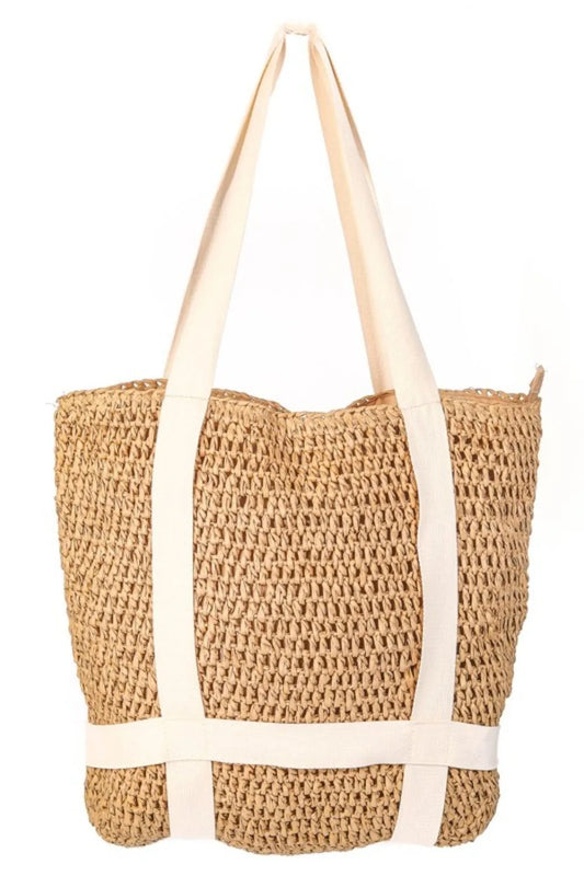 Fame Straw Braided Hat Carrier Tote Bag Camel one size