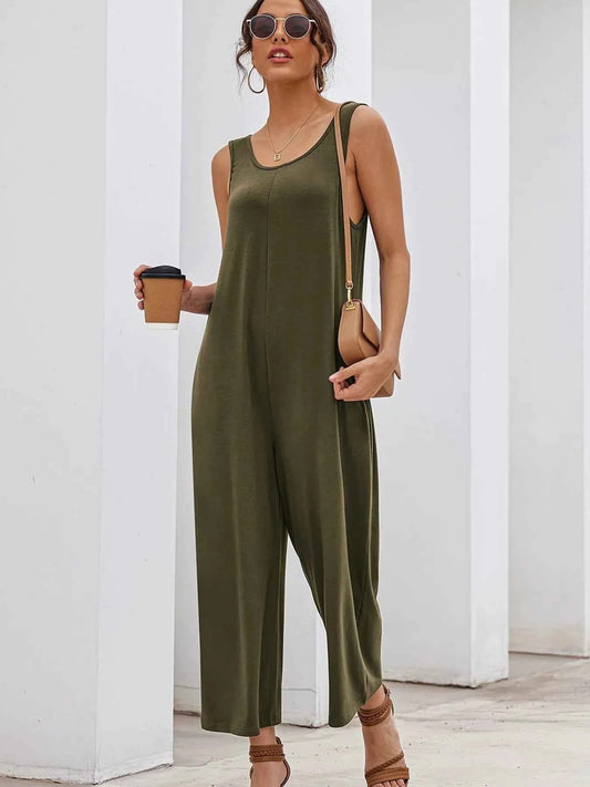 Sleeveless Wide Leg Casual Jumpsuit Army Green