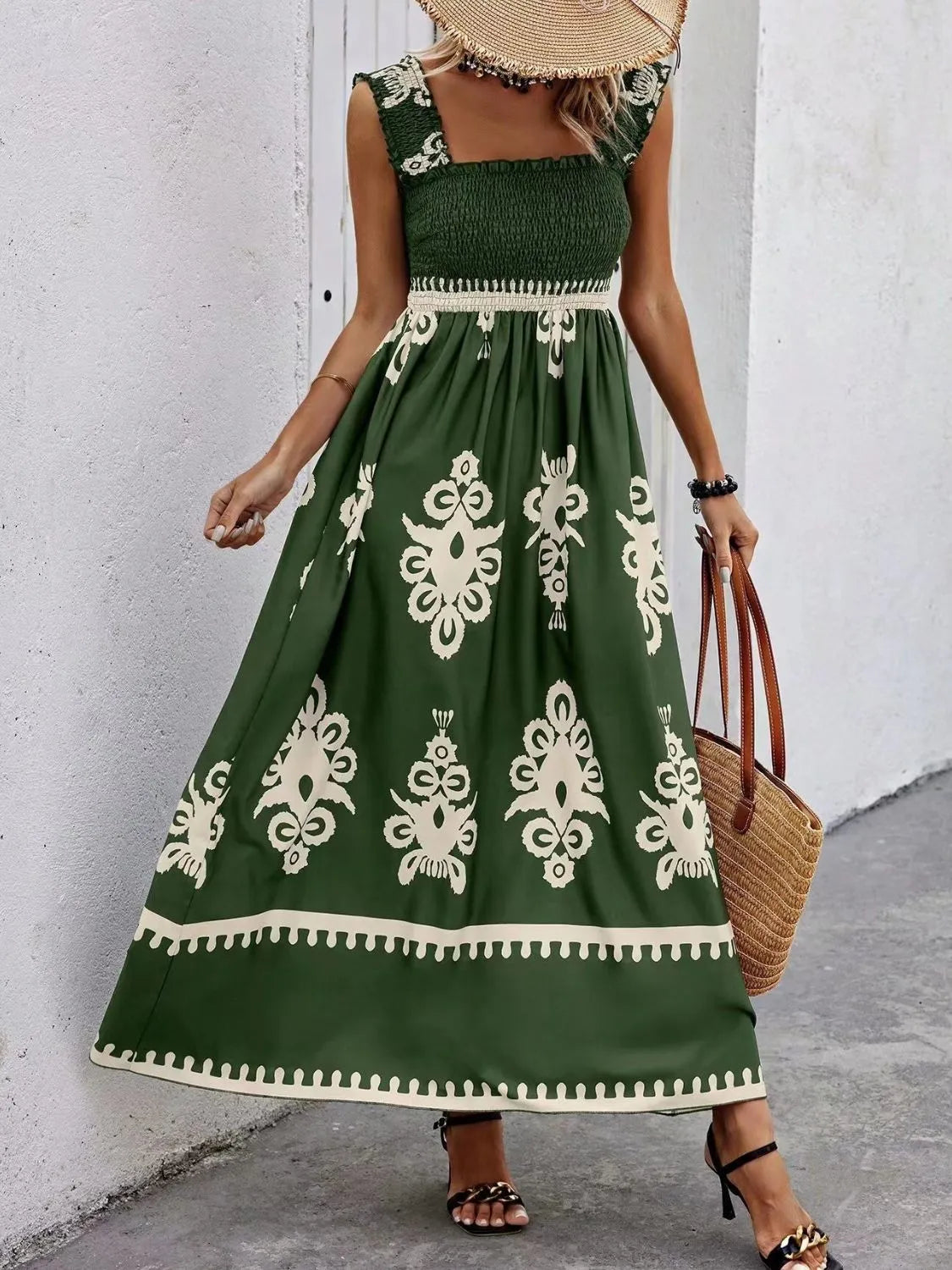 Smocked Printed Wide Strap Maxi Dress Dark Green