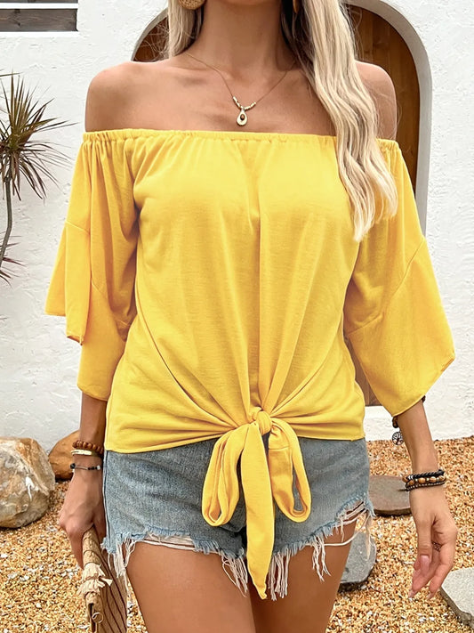 Tied Solid Off-Shoulder Blouse Yellow