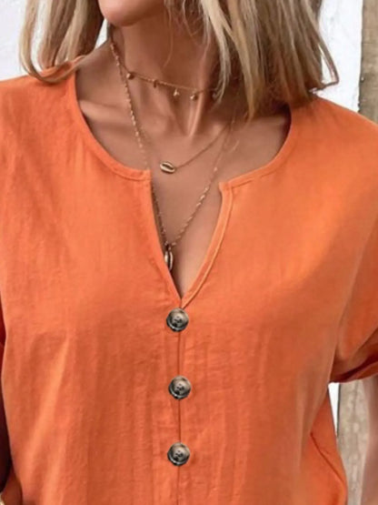 Full Size Notched Short Sleeve Top Plus Size