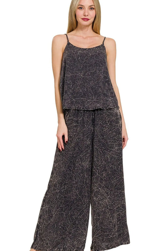 Zenana Woven Acid Crinkle Washed Cami & Pants 2 Piece Set ASH BLACK