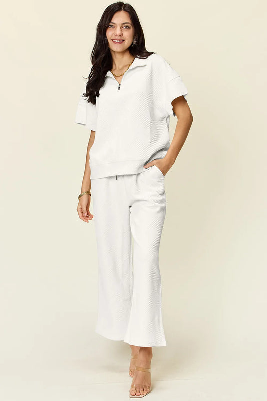 Double Take Full Size Texture Half Zip Short Sleeve Top and Pants Set White