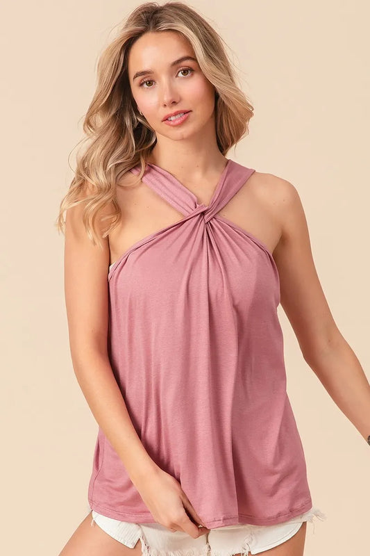 BiBi Rayon Span Jersey Knit Halter Neck Tank Top DUSTY PINK