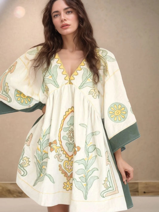 Printed V-Neck Kimono Sleeve Mini Dress Dark Green