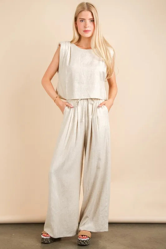 VERY J Solid Woven Top & Pants Set Oatmeal