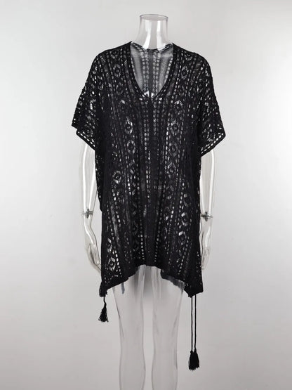 Angel Wings Cutout V-Neck Cover-Up with Tassel Black One Size