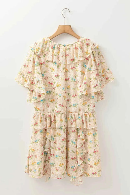 Boho Floral Tassel Tie V Neck Ruffle Wide Sleeve Mini Dress