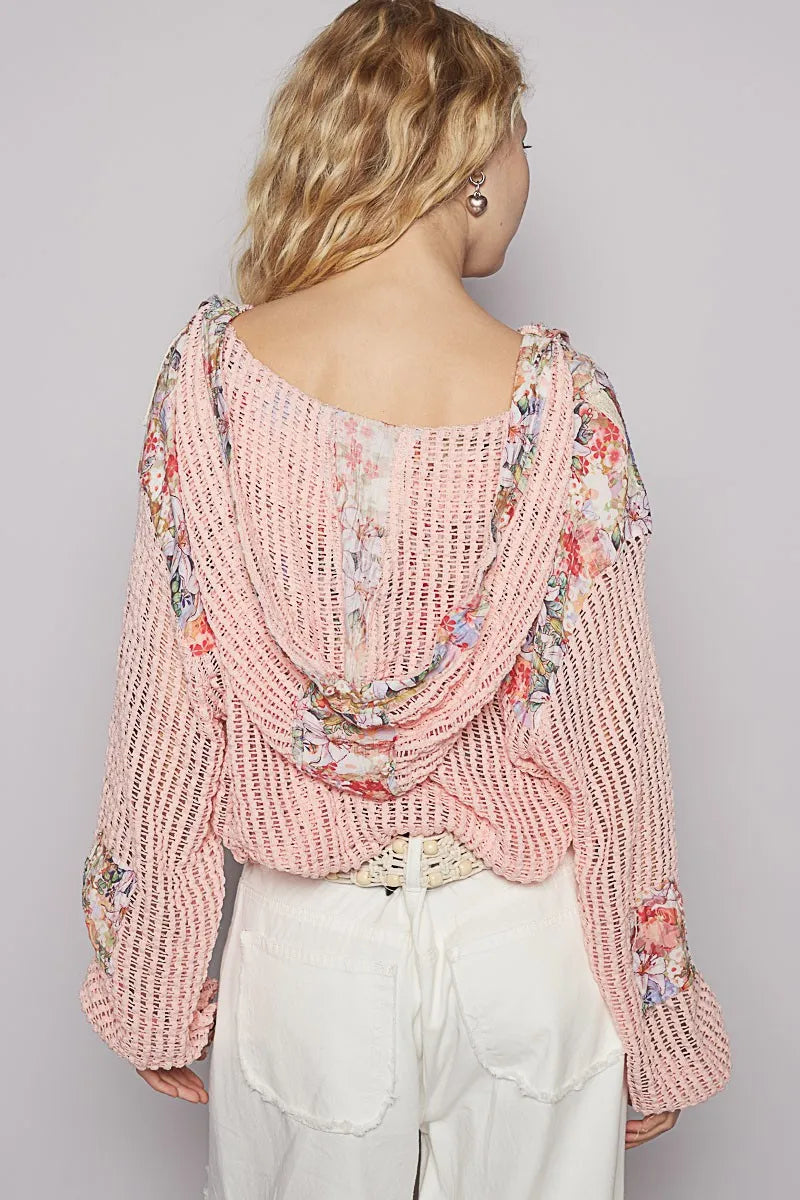 POL Vintage Washed Crochet Hoodie Jacket With Patchwork