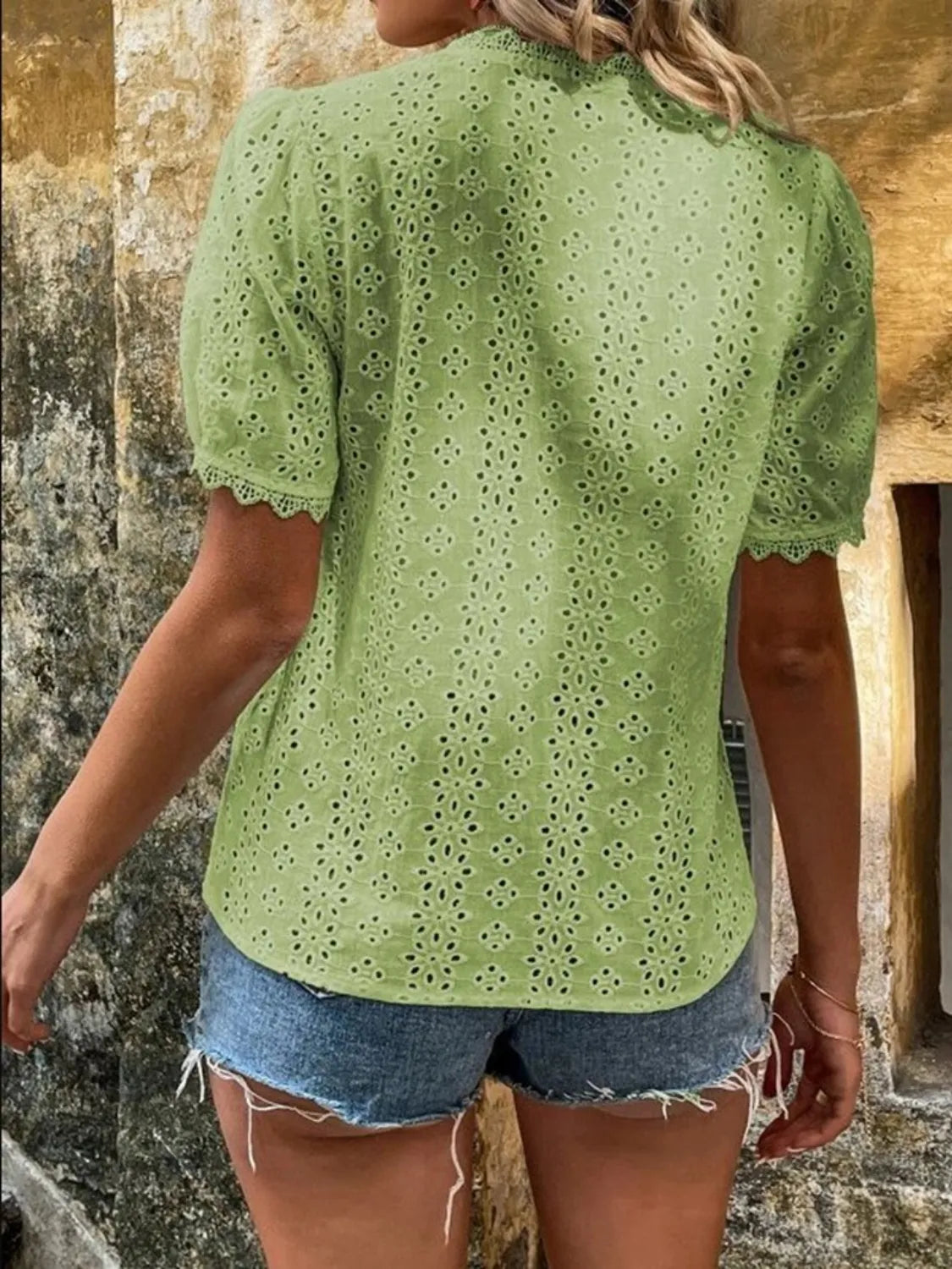Full Size Lace Detail Eyelet V-Neck Short Sleeve Blouse Plus Size