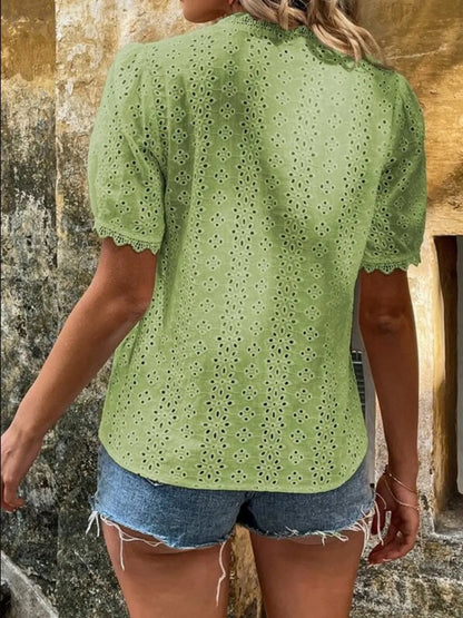 Full Size Lace Detail Eyelet V-Neck Short Sleeve Blouse Plus Size