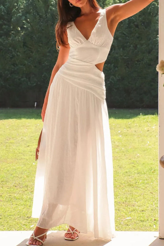 Cutout Back V-Neck Dress White