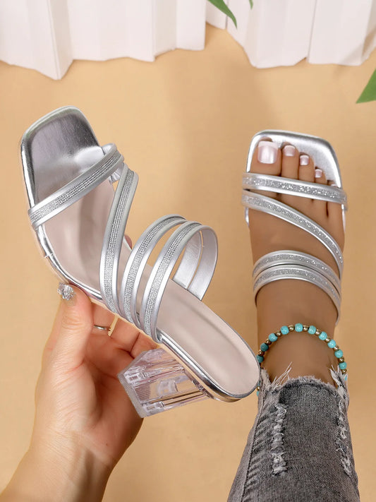 Open Toe Block Heel Sandals Silver