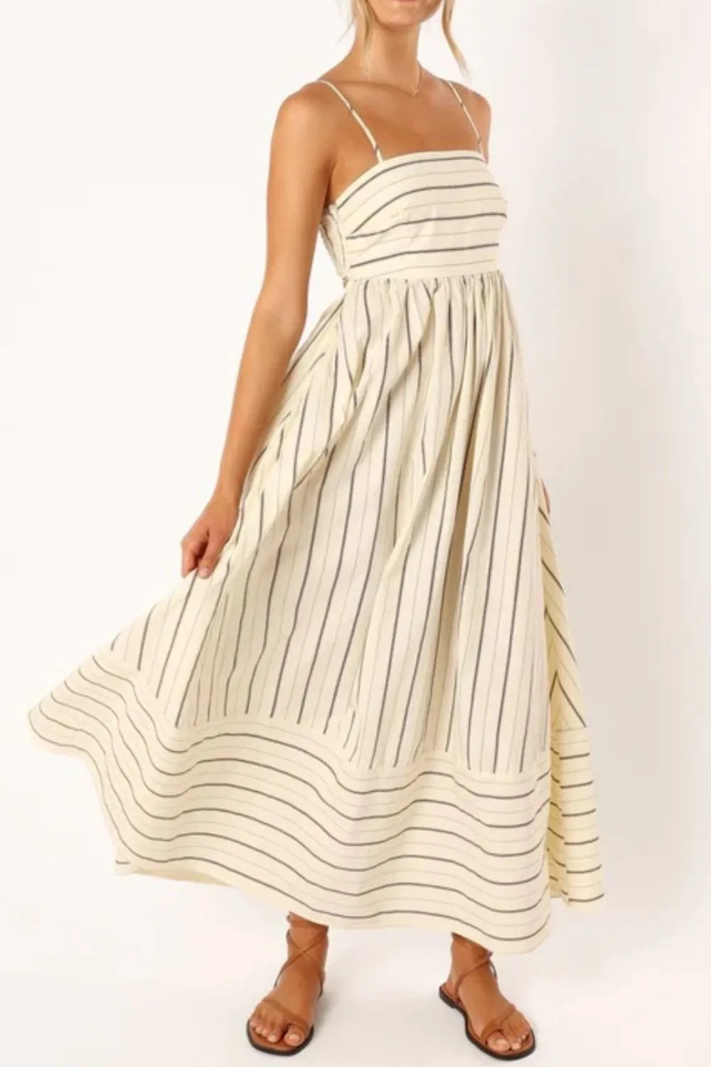 Striped Square Neck Cami Dress Beige
