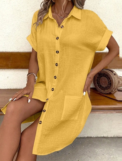 Casual Button Down Cotton Shirt Dress with Pockets