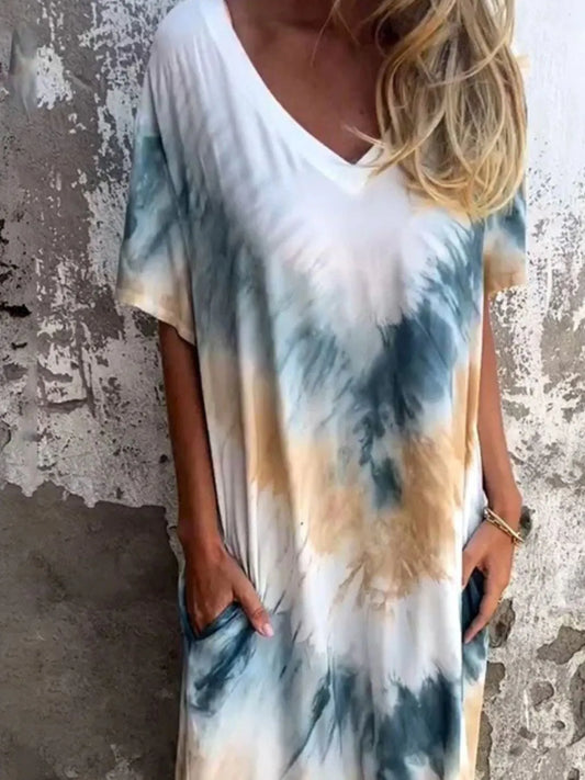 Full Size Tie-Dye V-Neck Midi Dress with Pockets Plus Size Sherbet