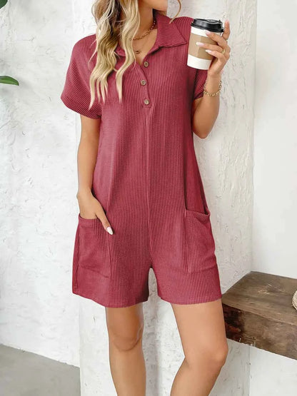 Button Detail Collared Neck Short Sleeve Romper