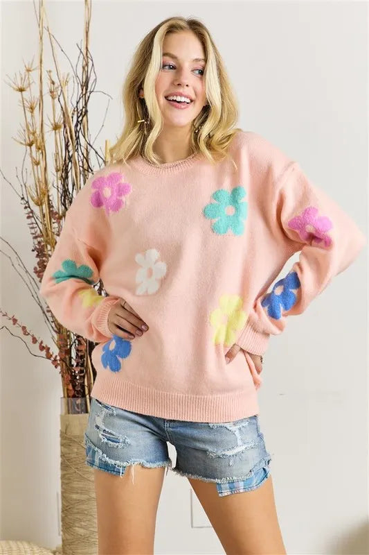 ADORA Full Size Flower Popped Sweater Plus Size BLUSH