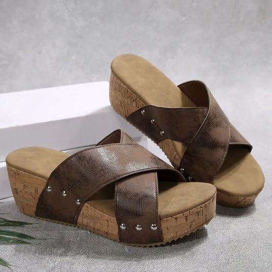 Open Toe Wedge Sandals Brown
