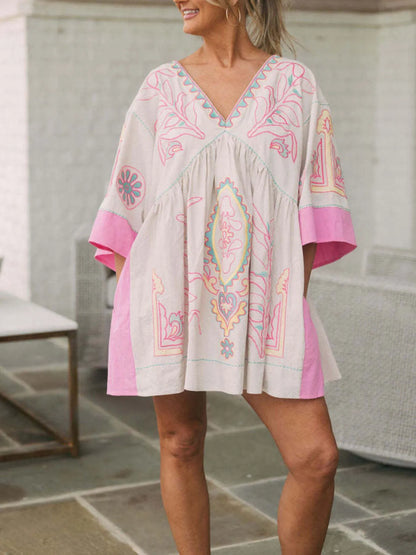 Printed V-Neck Kimono Sleeve Mini Dress Blush Pink