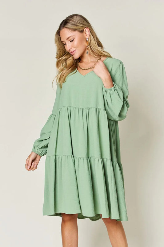 Double Take Full Size V-Neck Balloon Sleeve Tiered Dress with Pockets Light Green