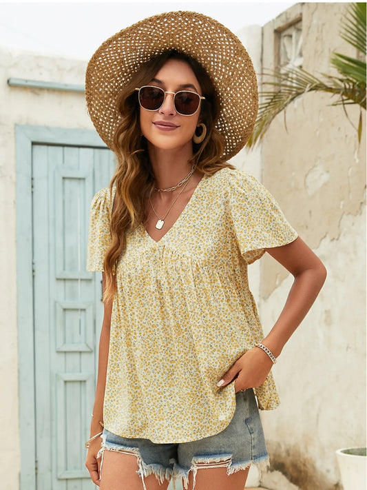 Floral Print V-neck Flutter Sleeve Babydoll Blouse Pastel Yellow