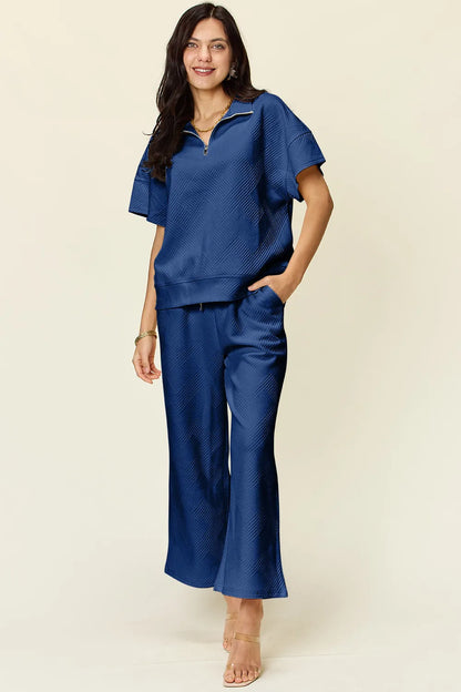 Double Take Full Size Texture Half Zip Short Sleeve Top and Pants Set Royal Blue