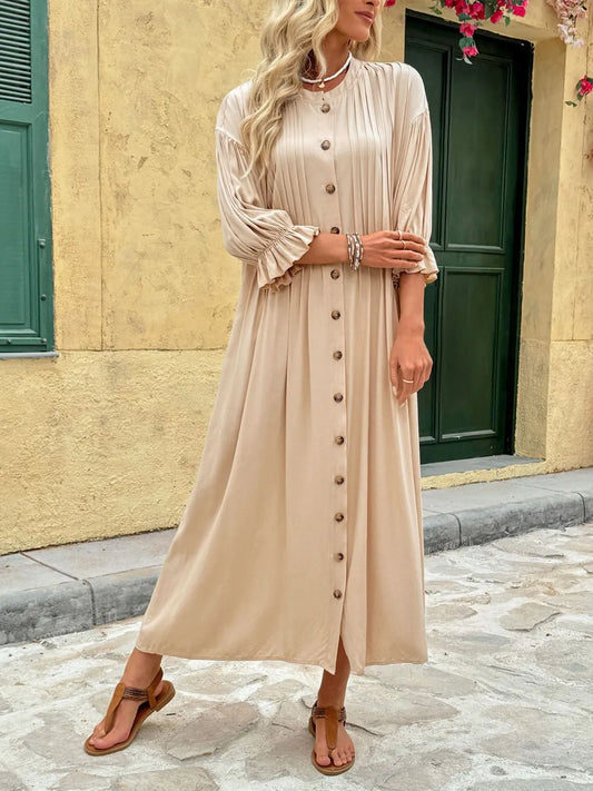 Button Front Flounce Sleeve Dress Tan
