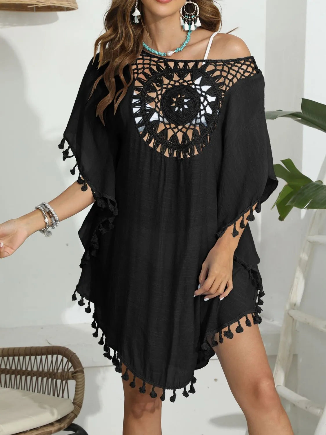 Tassel Crochet Round Neck Cover-Up Black One Size
