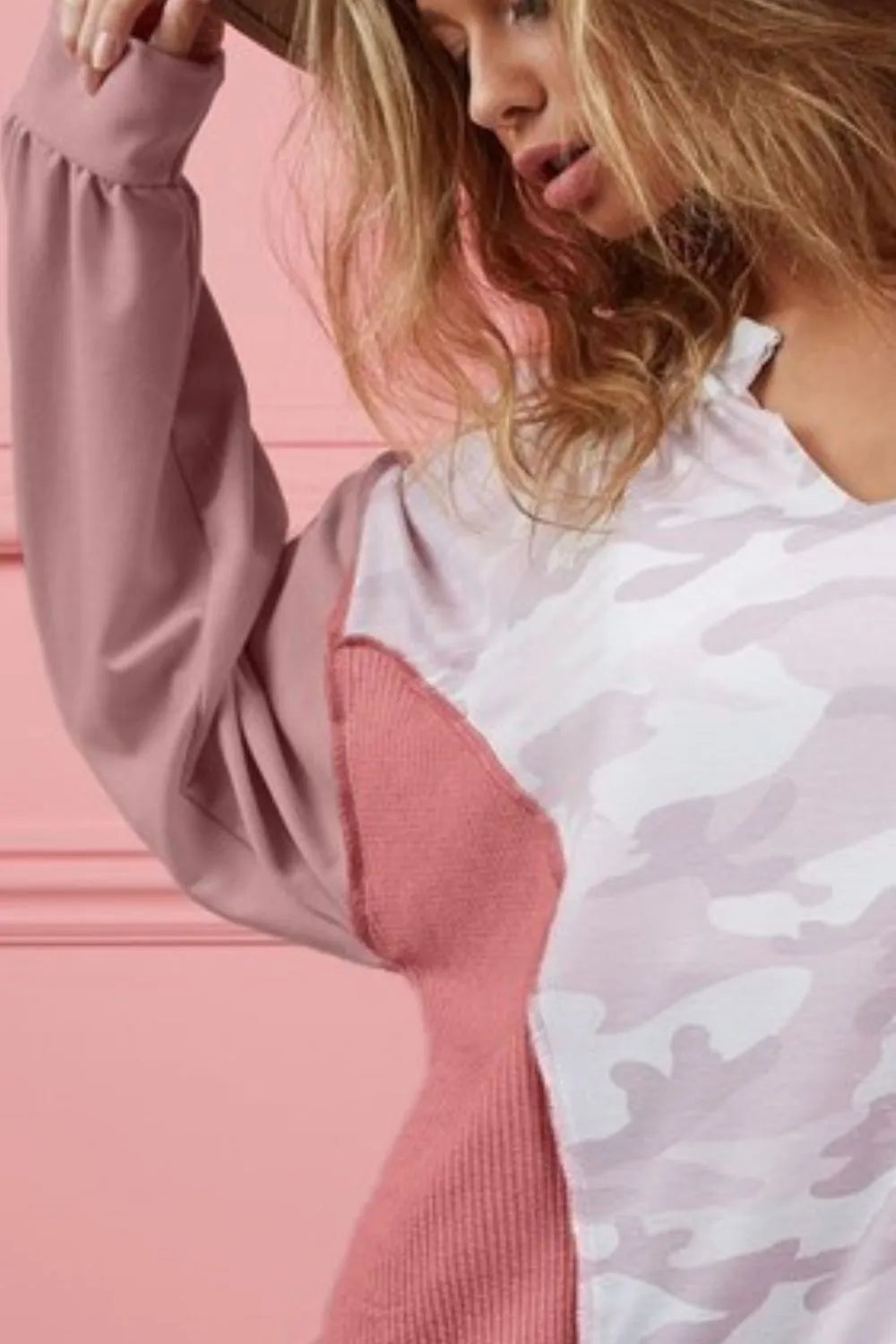 BiBi Camo Printed French Terry Knit Color Block Top
