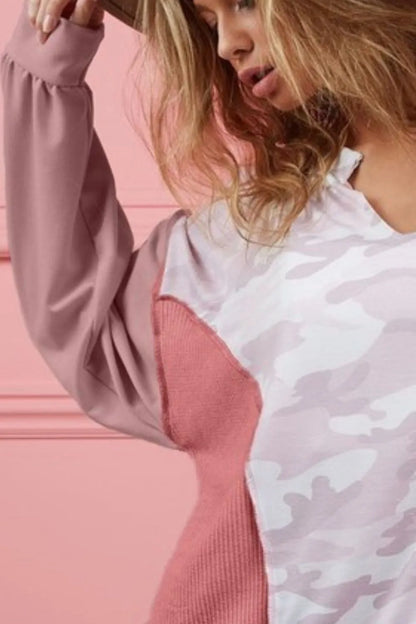 BiBi Camo Printed French Terry Knit Color Block Top