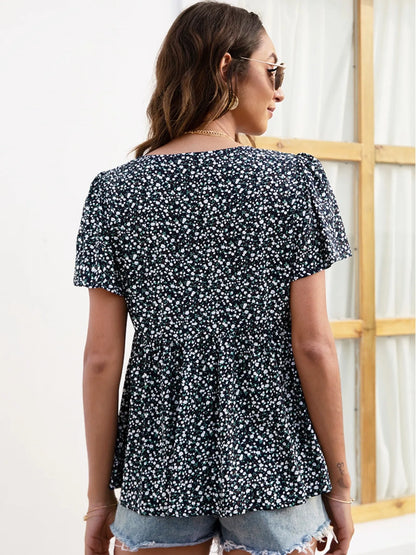 Floral Print V-neck Flutter Sleeve Babydoll Blouse