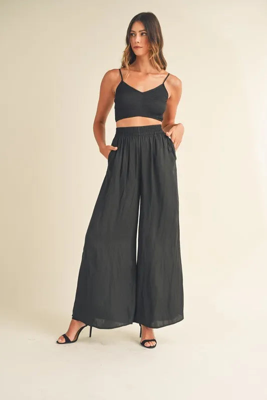 MABLE Smocked Bralette Crop Top and Wide Leg Pants Set Black