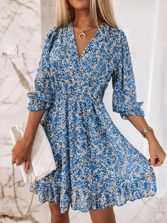 Full Size Ruffled Hem Floral Dress Plus Size Blue