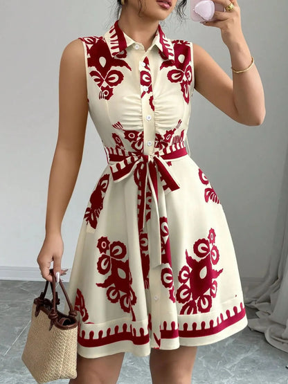 Printed Sleeveless Tie Waist Mini Dress