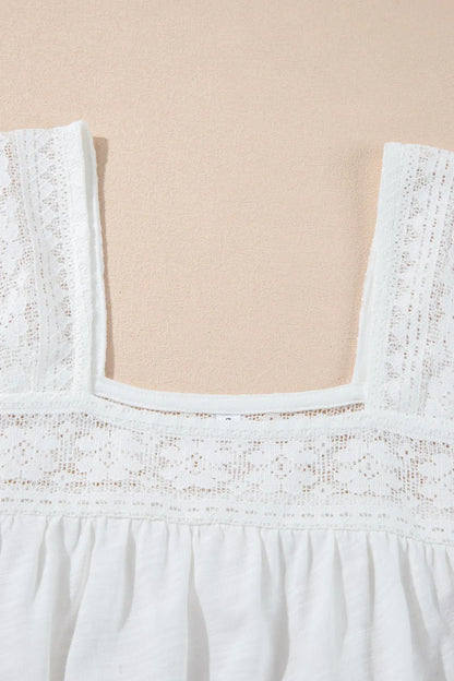 Hollowed Lace Patchwork Square Neck Short Sleeve Blouse
