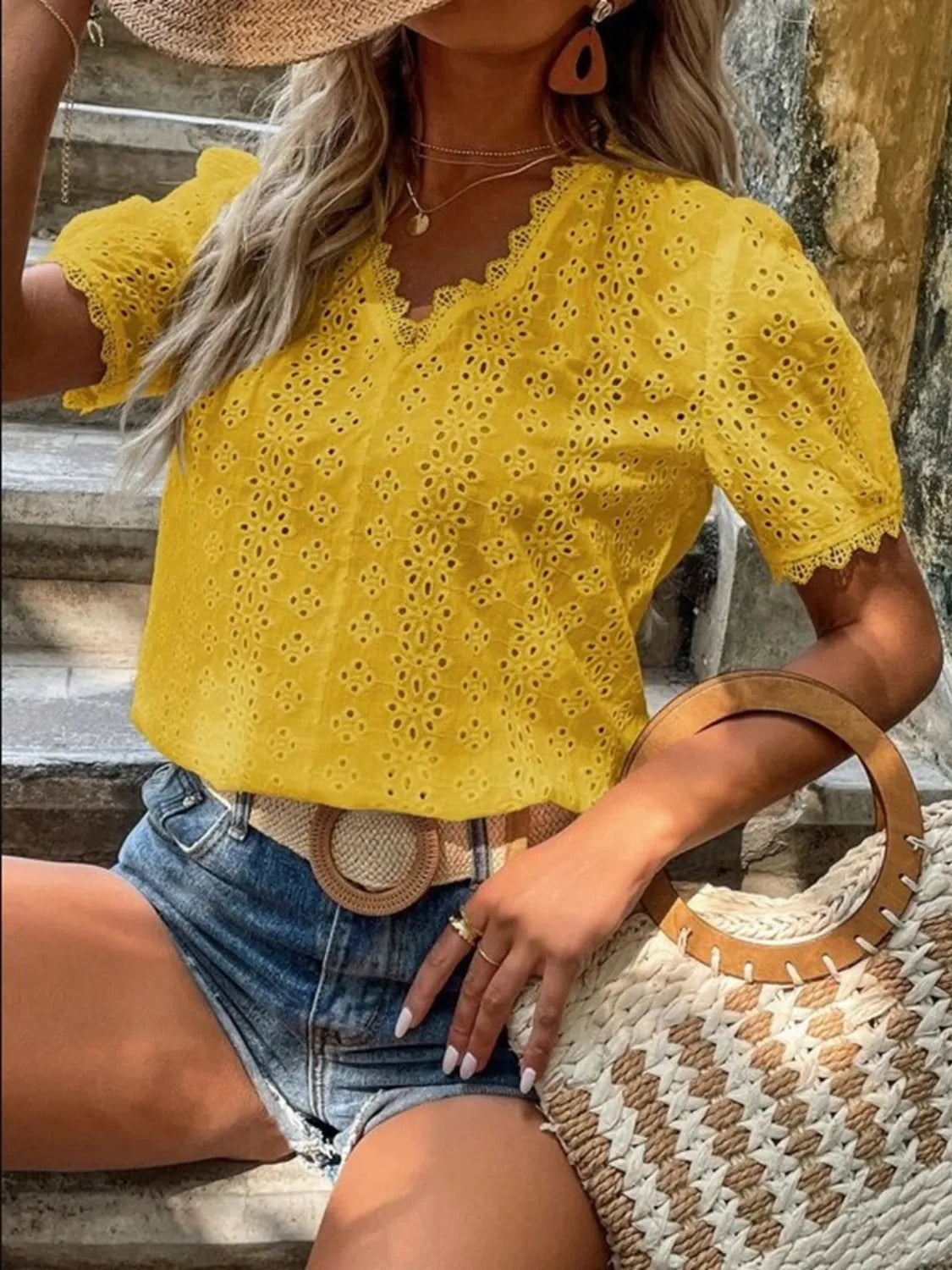 Full Size Lace Detail Eyelet V-Neck Short Sleeve Blouse Plus Size