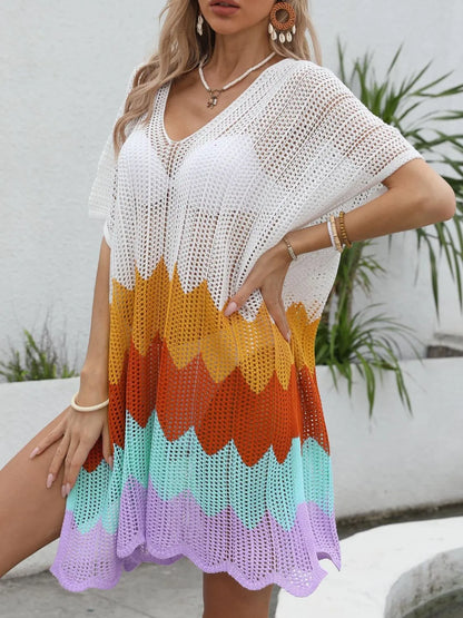 Openwork V-Neck Half Sleeve Cover-Up