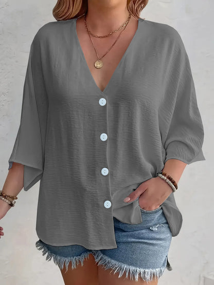 Full Size V-Neck Button Down Shirt Plus Size Gray