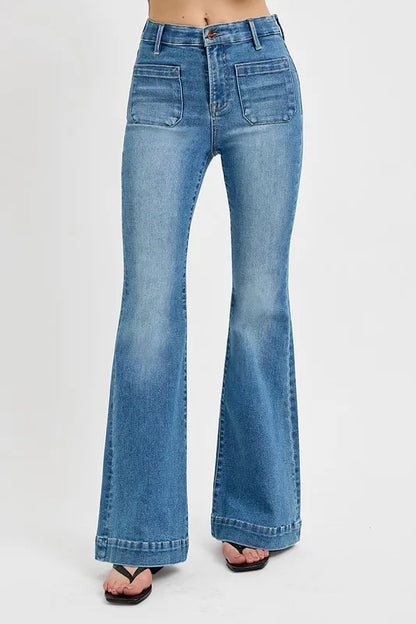 RISEN Full Size Front Patch Pocket Flare Jeans Plus Size