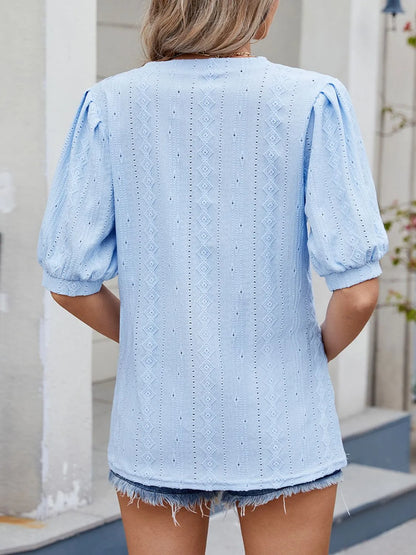 Puff Sleeve V-Neck Eyelet Lace T-Shirt
