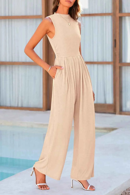 Mock Neck Sleeveless Wide Leg Jumpsuit Tan