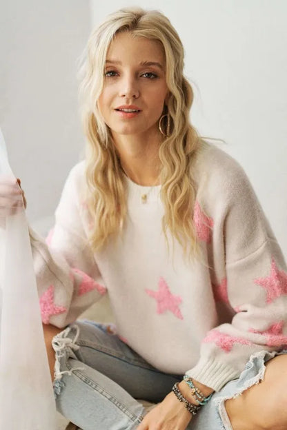 ADORA Full Size Star Contrast Round Neck Sweater Plus Size
