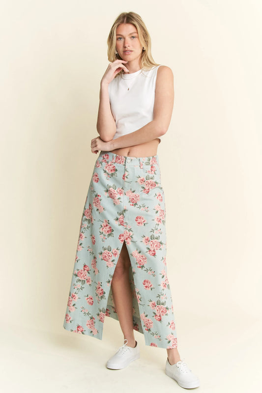 Jade By Jane Full Size Floral Print Front Slit Denim Maxi Skirt Plus Size L.DENIM